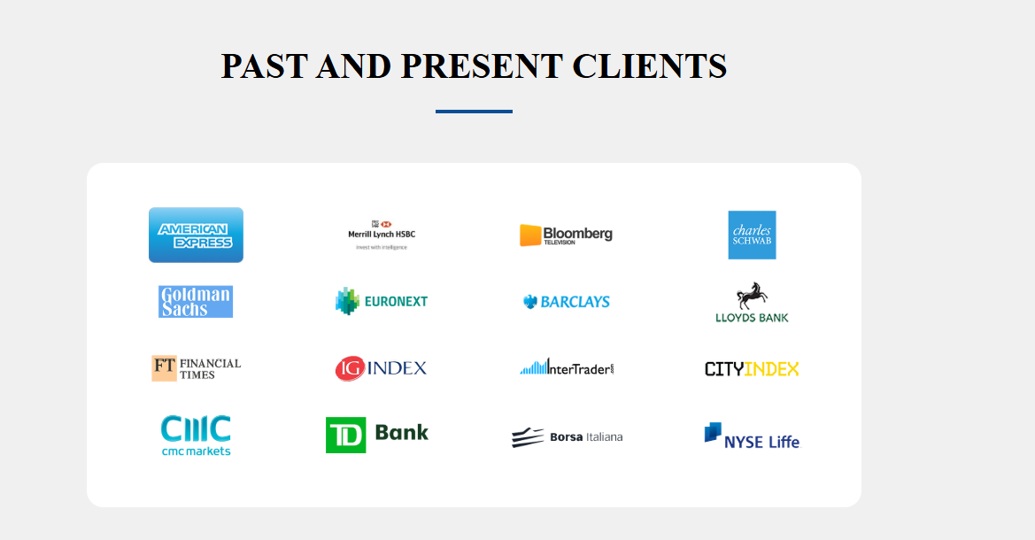 Logos of past and present clients including American Express, Merrill Lynch HSBC, Bloomberg Television, Charles Schwab, Goldman Sachs, Euronext, Barclays, Lloyds Bank, the Financial Times, IG Index, InterTrader, City Index, CMC Markets, TD Bank, Borsa Italiana and NYSE Life